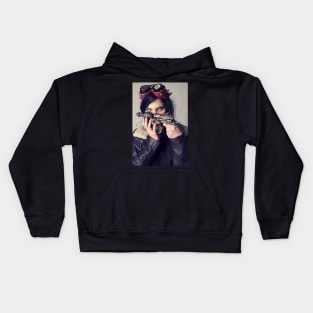 girl holds steampunk pistol Kids Hoodie